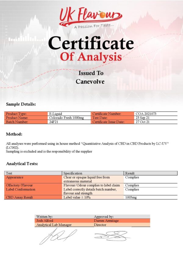 Colorado Fresh 1000mg CBD Vaping Liquid 100ml (50PG/50VG) - Image 7